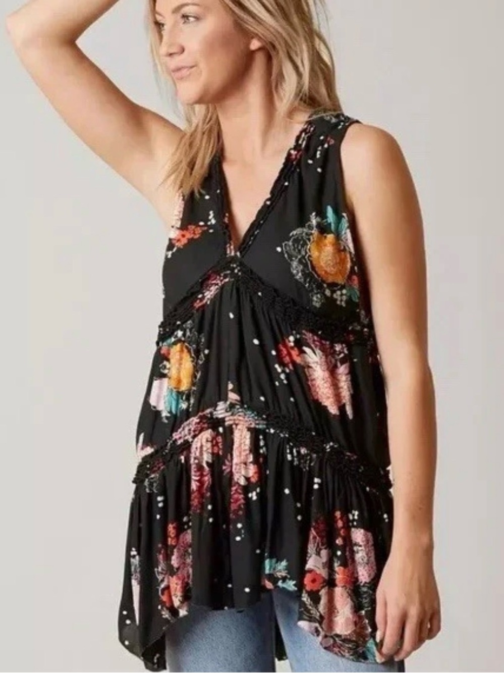 Free People Black Floral Tiered Haze Tank Tunic Top boho flowy medium Gypsy